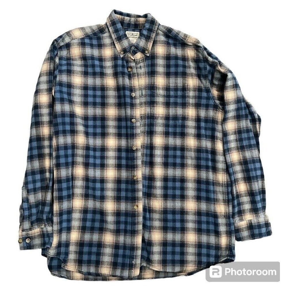 LL Bean Flannel Shirt Brushed Heavy Cotton Plaid Blue L Traditional Fit